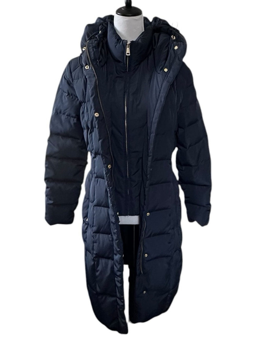 Cole Haan Navy Long Puffer Coat with Hood Medium